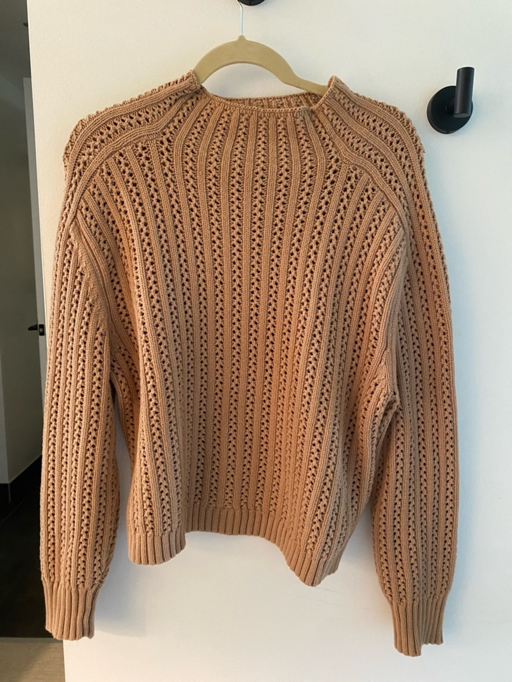 Ann Taylor Open-Knit Crewneck Sweater in Camel Tan